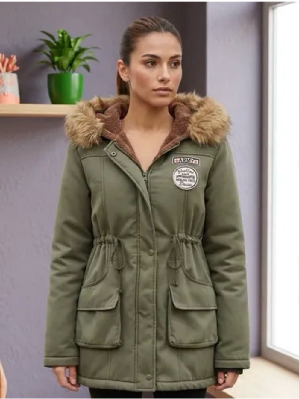 ARMY SHELTER MAD YOUR FAME DOWN Jacket  Faux Fur Parka Coat M sz GREEN